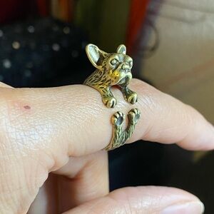 Unisex silver French bulldog bronze open ring, Animal Chunky Punk ring, Gift